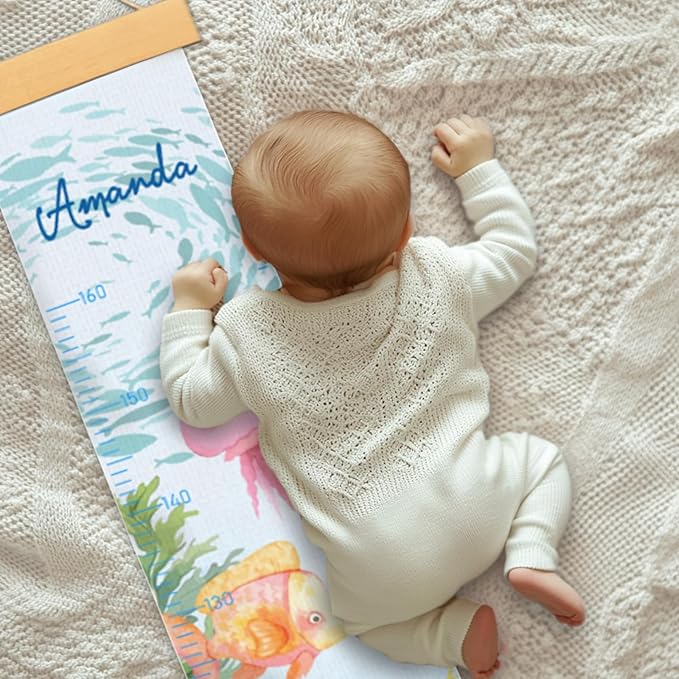Personalized Name Growth Chart for Wall, Painted Marine Animals Canvas Height Chart for Kids Baby Child Toddler, Canvas Growth Chart for Wall Nursery Decor, Hangable & Waterproof