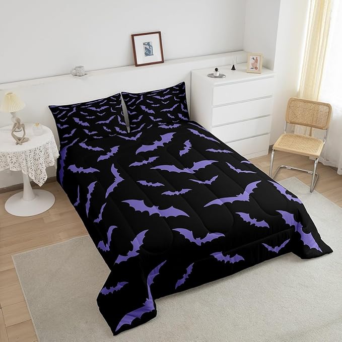 Erosebridal Happy Halloween Comforter Set with 2 Pillow Cases Dark Purple Gothic Bats Quilt Queen Size for Kids Boys Black Spooky Cartoon Gothic Bedding Set