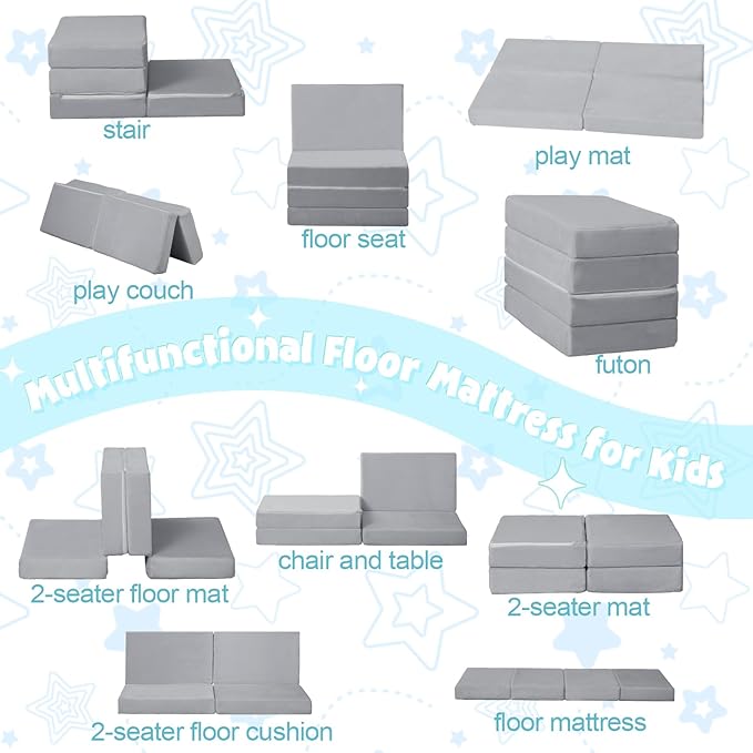 MeMoreCool Kids Foldable Floor Mattress – Glow-in-The-Dark Trifold Nap Mat Soft Plush Cover, Portable Toddler Sleeping Pad for Daycare, Travel, Playrooms, Easy to Clean