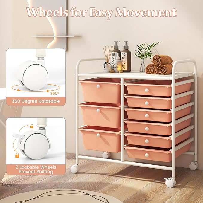 RELAX4LIFE 9 Drawer Rolling Storage Cart - Mobile Drawer Carts for Craft Art Supply Paper Salon, Utility Cart on Wheels for Classroom Teacher School Office, Rolling Cart with Drawers (Pink)