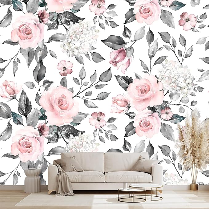 Grey Leaf Pink Flowers Mural Bedroom Floral Wallpaper Room Decor Living Room tv Background Large Wall Mural - 91"x65" (Not Peel and Stick)