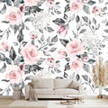 Grey Leaf Pink Flowers Mural Bedroom Floral Wallpaper Room Decor Living Room tv Background Large Wall Mural - 160"x108" (Not Peel and Stick)