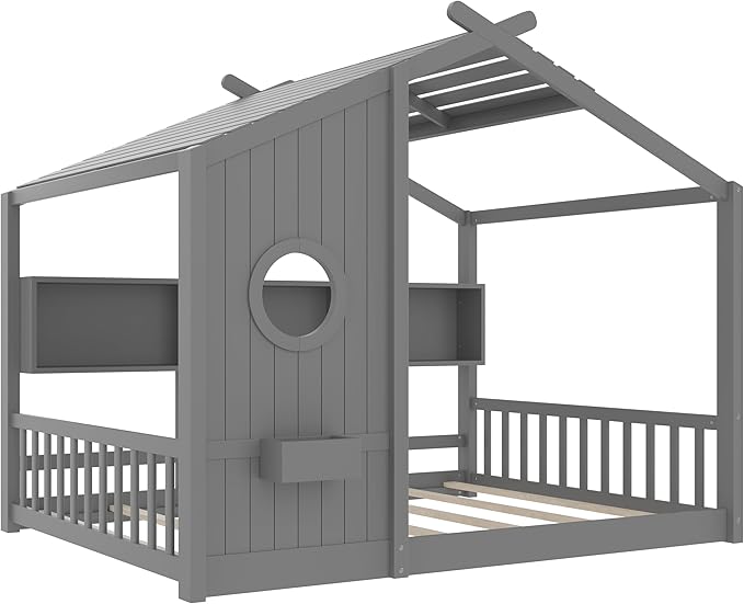 Merax Wood Floor House Bed with Storage Shelves, Full Size Low Day Bed with Headboard & Wood Slat Support, No Box Spring Needed, Gray