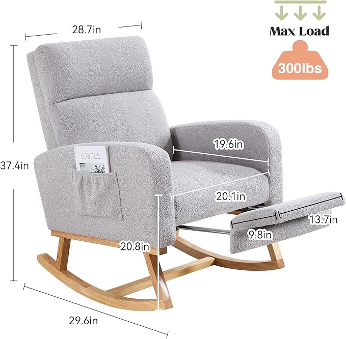 Rocking Chair Nursery with Foot Rest, Teddy Nursing Rocking Chairs for Mom Nursery, Rocker Glider Chair with Footrest for Living Room, Bedroom, Light Gray