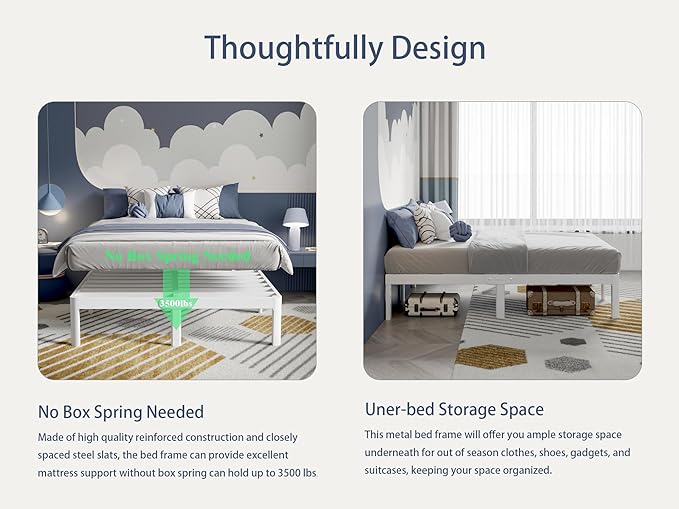 White Bed Frame Queen Size 16 Inch, Metal Queen Bed Frame No Box Spring Needed, Heavy Duty Steel Support 3500 LBS, DIY Headboard, Noiseless, Round Corner Legs, Storage Space, Easy Assembly