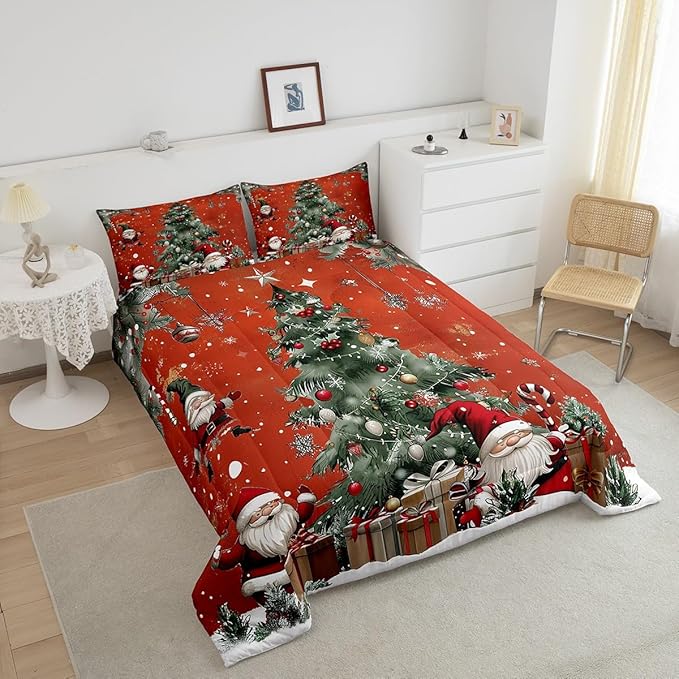 Christmas Theme Bedding Set Full Size,Snowflake Christmas Tree Comforter Set for Kids Teens Adults Room Decor,Santa Claus Red Duvet Insert 3Pcs,X'mas Star Polka Dot Glitter Quilt Set,2 Pillowcases