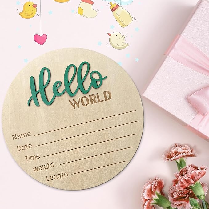 Baby Announcement Sign, 5.9 Inch Wooden Hello World Newborn Signs, Birth Announcement Sign, Baby Shower Hospital Nursery for Newborn Boys and Girls (Green,Pen)