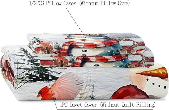 LUVIVIHOME 3PCS Cute Snowman Duvet Cover King Bedding Set, Christmas Bedding, Red Bird Cardinal Poinsettia Winter Holiday New Year Xmas Gifts Christmas Comforter Bedspread Quilt Cover, 2 Pillow Shams