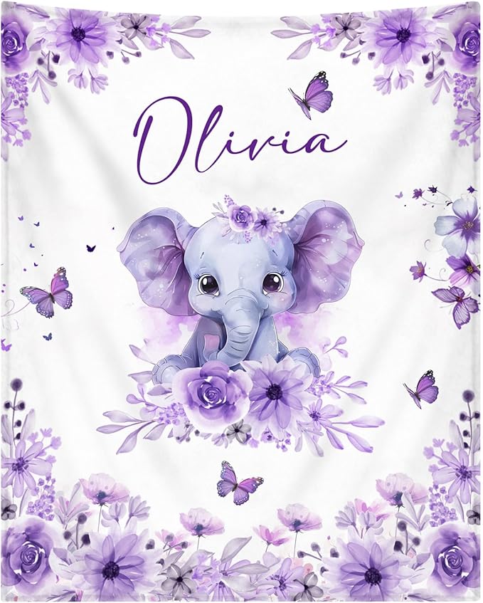 Personalized Baby Blanket for Girls Custom Baby Blanket with Name for Kids Custom Elephants Blanket for Infant Toddler Soft Newborn Bed Throw Personalized Baby Gift for Birthday Baby Shower Christmas