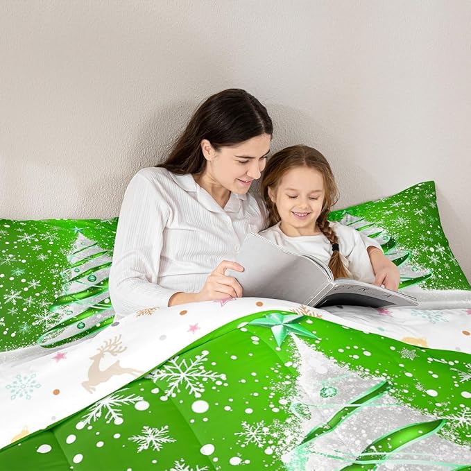 Feelyou Merry Christmas Comforter Set All Season Christmas Tree Bedding Set with 2 Pillow Cases Snowflake Microfiber Kids Full Bedclothes Winter Bedroom Decor Duvet Quilt Breathable Soft