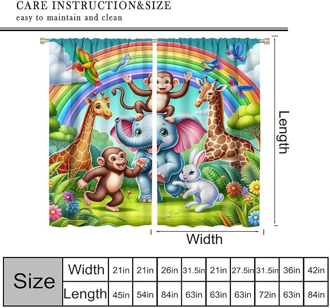 Animals Window Curtain Rod Pocket Kids Boys Girls Forest Giraffe Elephant Monkey Flowers Window Treatment for Baby Children Bedroom Living Room 52" W X 84" L