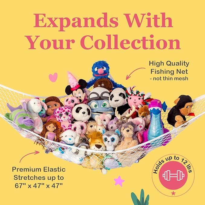Lilly's Love Stuffed Animal Hammock | Corner Hanging Organizer, Toy Storage, Stuffed Animal Storage Net | Made From Quality Fishing Net, Holds 12lbs | 67"x47"x47" (Party Purple)