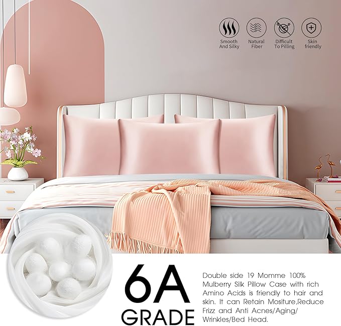 Zip Up 100% Mulberry Silk Pillowcase Set of 2,Both Sides Zippered Pure Silk Breathable Pillow Case for Hair and Skin,19 Momme Grade 6A,Light Pink,Standard Size 20x30 Inches