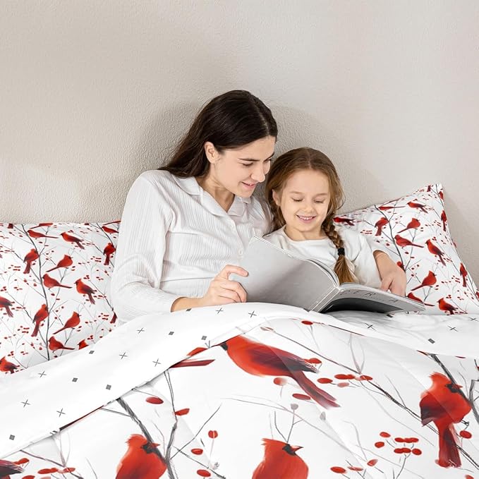 Feelyou Berries and Cardinals Pattern Comforter Set All Season Red Cardinal Bedding Set with 1 Pillow Cases Christmas Kids Toddler Bedclothes Bird Print Decor Animal Decor Duvet Quilt Soft