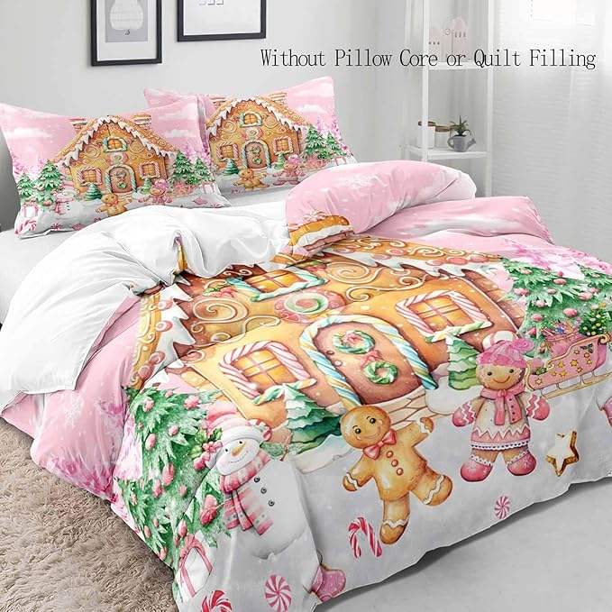 LUVIVIHOME 3PCS Pink Gingerbread House Duvet Cover King Bedding Set, Teen Girl Bedding, Gingerbread Man Snowman Christmas Tree Candy Cane Winter Holiday Kids Christmas Comforter Cover, 2 Pillow Cases