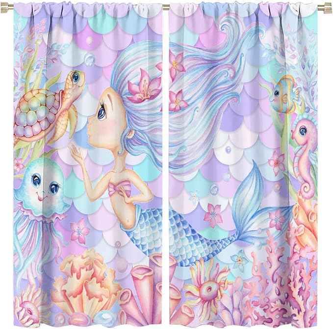 Fantasy Mermaid Curtain Dream Cartoon Marine Organisms Turtle Coral Ocean Theme Dream Blackout Window Treatment for Kids Girls Bedroom Nursery Room Decor Rod Pocket Window Drapes 63x63in