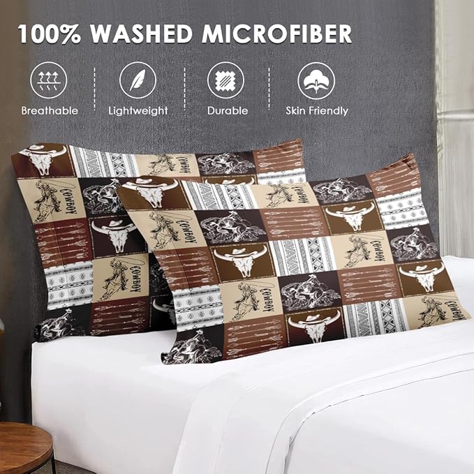 7 Pcs King Size Comforter Set with 2 Pillowcases & 2 Shams, Cowboy Vintage Brown Bedding for Kids and Adults, Western Bed in a Bag with Flat Fitted Sheet