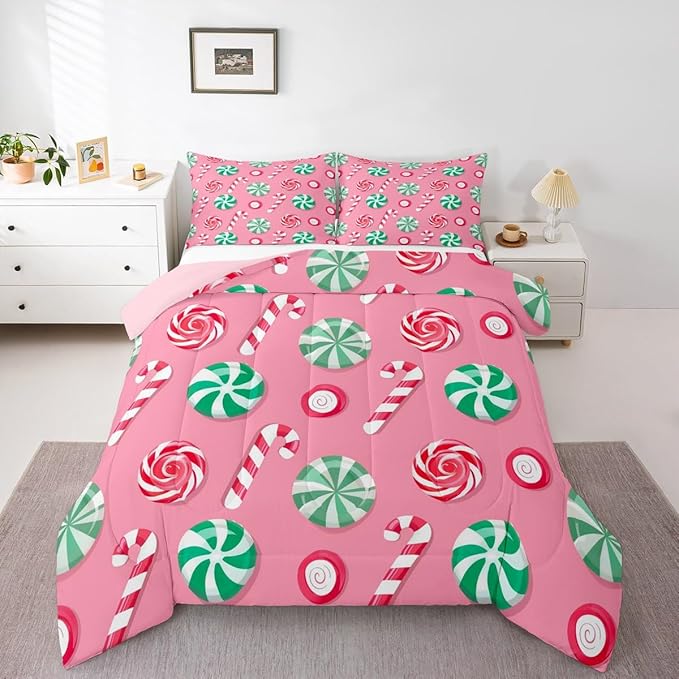 Feelyou Christmas Comforter Set Toddler Size Candy Bedding Set for Kids Boys Girls Xmas Theme Duvet Quilt Bedroom Decor Microfiber 2 Pcs with 1 Pillow Cases