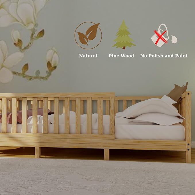 Montessori Floor Bed Designed with Open Front for Girls and Boys | Pine Wood Natural Solid Frame Beds Footed Model with Slats | Sturdy Designed Floor Bed Frame for Kids (King, Height : 23 Inches)