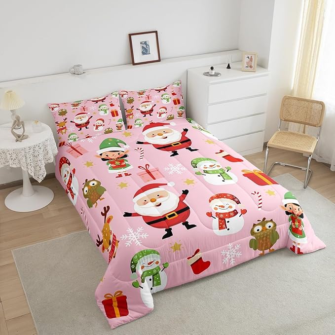 Erosebridal Merry Christmas Bedding Set for Kids Santa Claus Quilts Cute Cartoon Snowman Comforter Set King Size with 2 Pillow Cases Xmas Snowflake Duvet Insert,Pink