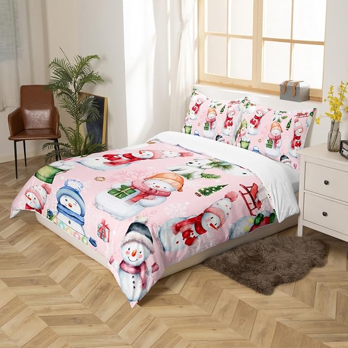 Manfei Christmas Duvet Cover Set Full Size, Cute Snowman Dogs Snowflake Comforter Cover with 2 Pillowcases, New Year Pink Bedding Set 3pcs for Kids Boys Girls Lightweight Bedspread Cover,No Comforter