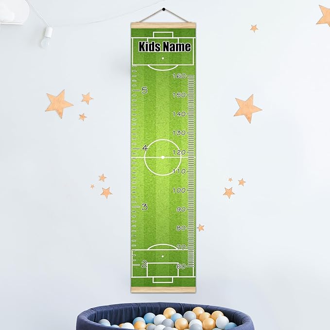 Personalized Kids Name Growth Chart Ruler for Wall Wood Frame Height Measure Chart 13.4x56 in Linen Hanging Height Growth Chart Football Field Kids Room Decor