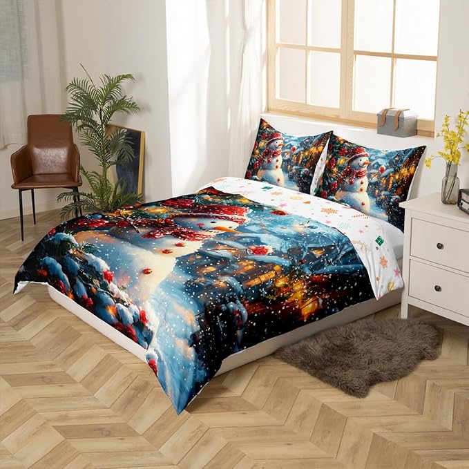 Manfei Christmas Kids Duvet Cover Set Twin Size, Cute Snowman Red Flower Bedding Set for Boys Girls Adults, New Year Winter Comforter Cover, Soft Polyester Quilt Cover, 1 Pillowcase, No Comforter