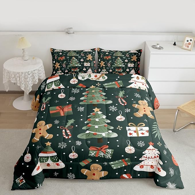Feelyou Christmas Comforter Set Toddler Size Xmas Tree Bedding Set for Kids Boys Girls Gingerbread Man Duvet Quilt New Year Gift Bedroom Decor Microfiber 2 Pcs with 1 Pillow Cases