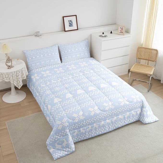 Feelyou Christmas Bedding Set for Kids Boys Girls Queen Size Xmas Deer Decor Comforter Set Ultra Soft Xmas Snowflake Comforter Winter Duvet Quilt Bedroom Decor Christmas Decorations Quilt