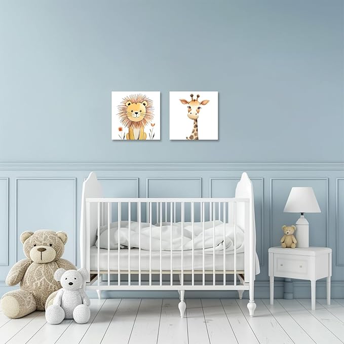 Baby Animal Framed Canvas Wall Art Set of 2 - Cute Baby Lion Giraffe Paintings Posters Woodland Animals Pictures Prints for Kids Room Bedroom Decor(Artwork-03, 16"x16"x2P)