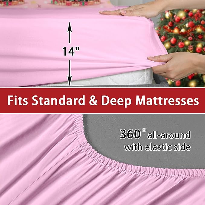 7 Pcs Full Size Christmas Comforter Set with 2 Pillowcases & 2 Shams, Black Cat Xmas Trees Bedding for Kids and Adults, Pink Snowflakes Bed in a Bag with Flat Fitted Sheet