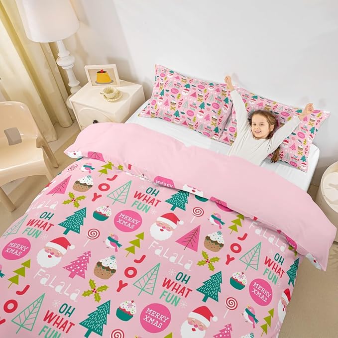 Feelyou Christmas Kids Bedding Set Cartoon Santa Claus Duvet Cover for Boys Children Teens Bedroom Decor Christmas Tree Comforter Cover Set Xmas Theme Bedspread Cover Full Size with 2 Pillow Case