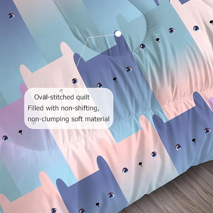 Cat Comforter Set Full: Kawaii Gradient Cats Print Bedding Set Full Size for Teen Girls Kids Room Decor Blue Pink Cute Kittens Quilt Bed Sets 1 Comforter & 2 Pillowcases