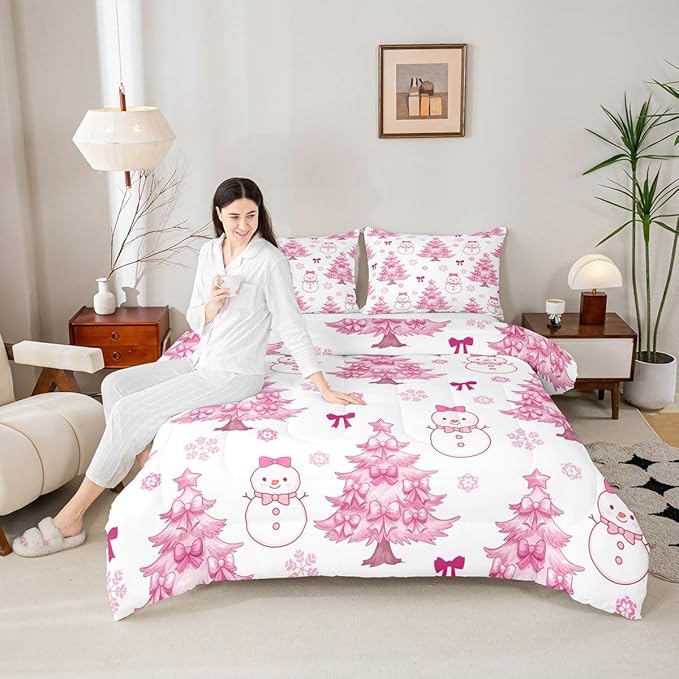 Feelyou Merry Christmas Kids Comforter Set Twin Size Cute Snowman Bedding Set Cartoon Bowknot Duvet Quilt for Kids Boys Girls Bedroom Christmas Tree Decor Microfiber Ultra Soft Breathable