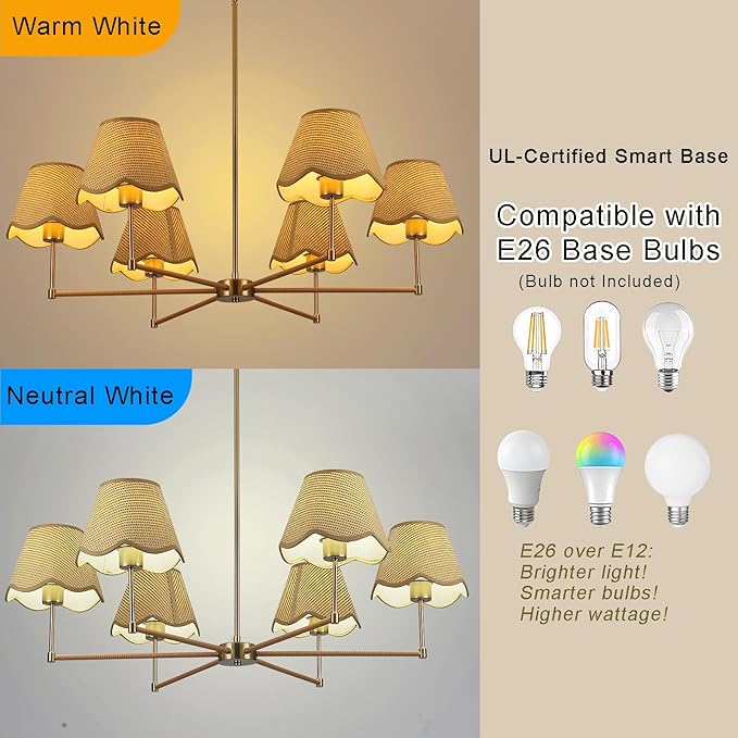 33.5in Farmhouse Rattan Chandelier Gold Large Pendant Light Fixture with Wicker Lampshade Boho Chandeliers for Living Room Dining Room Bedroom Entryway Kitchen Island