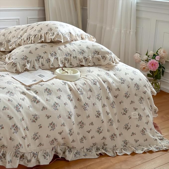 BuLuTu Chic Shabby Vintage Floral Duvet Cover Twin for Kids Girls Boys 100% Cotton Muslin Ruffled Quilt Cover Twin Comforter, 68"x86", Soft Breathable, Zipper Closure, No Pillowcase