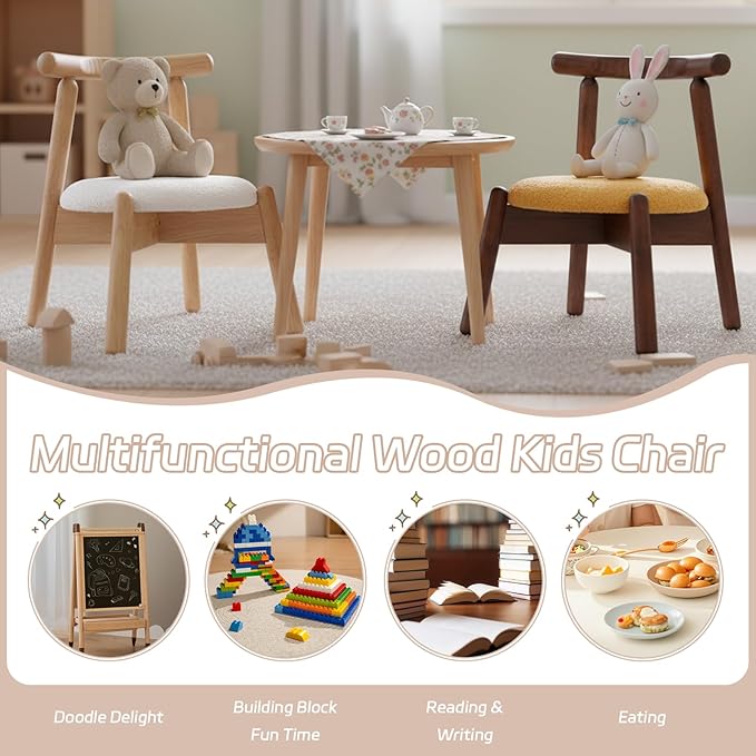 Kid Chair, Shepra Toddler Chairs Comfy Reading Chair for Kids Bedroom, Activity Table Chairs with Solid Wood Legs, Little Kids Furniture Wooden Stool for Children Playroom/Nursery/Gifts, White