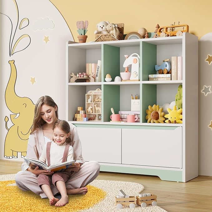 Kids Bookshelf,2 Tier Kids Book Shelf for Kid Rooms with 2 Doors,6 Cubes Storage Organizer,Wood Children Bookcase,Toy Storage Organizer,Freestanding Book Display Shelf for Playroom WhiteGreen
