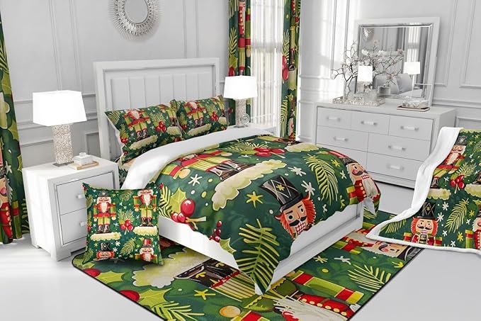 Christmas Cartoon Soldier Bedding Set Full Size,Christmas Leaves Snowflake Comforter Set for Kids Boys Girls Room Decor,Xmas Abstract Art Duvet Insert 3Pcs,Polka Dot Green Quilt Set,2 Pillowcases