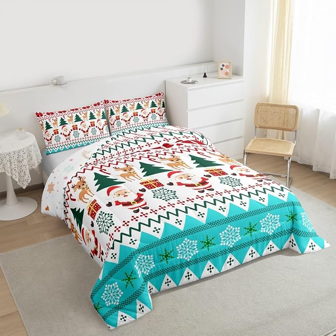 Feelyou Merry Christmas Bedding Set Soft for Boys Girls, Santa Claus Comforter Set Twin Size Cute Deer Duvet Quilt Microfiber Snowflake Bedroom Decor 2 Pcs with 1 Pillow Cases