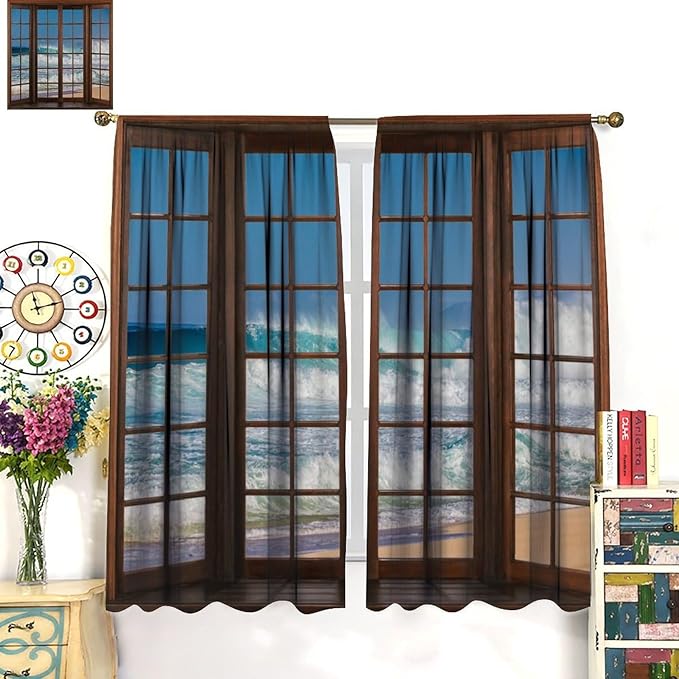 Ocean Beach Curtains,Waves Crashed Beach Hawaiian Seaside Scene Pattern Blackout Print Home Bedroom Living Room Window Treatments 2 Panel Set 42x54 Inch