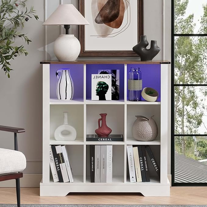 9 Cube Storage Organizer, 3 Tier Book Shelf with Led Lights, Farmhouse Book Shelves for Living Room, Horizontal Toy Storage Bookshelf, Wood Display Bookcase Cabinet for Bedroom, Office, White