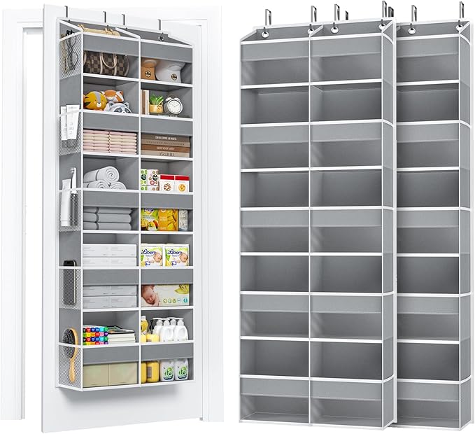 5-Tier Over The Door Organizer with 10 Side Mesh Pockets & Clear Windows, 80 lb Weight Capacity Hanging Storage for Bathroom, Bedroom, Nursery, Kitchen, Organizer Toys, Shoes, Diapers (Grey 2 Pack)