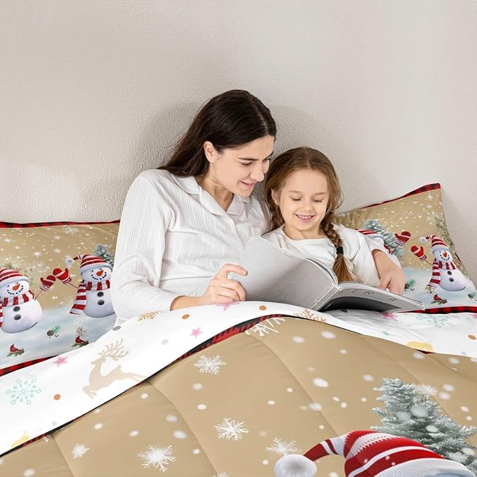 Cartoon Snowman Kids Christmas Comforter Set King Size,Pines Snowflake Rustic Bedding,Girls Boys Adults Bedroom/Xmas Cabin Decor,Grids Geometric Down Comforter,Farmhouse Duvet Insert,2 Pillowcases