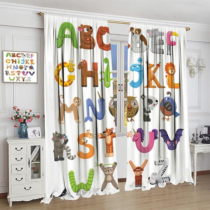 Kids Alphabet Curtains Cartoon Animal Baby Children Funny Learning Educational Curtain with Rod Pocket for Bedroom Nursery Decor Drapes Window Treatments 2 Panels Set 63x72in