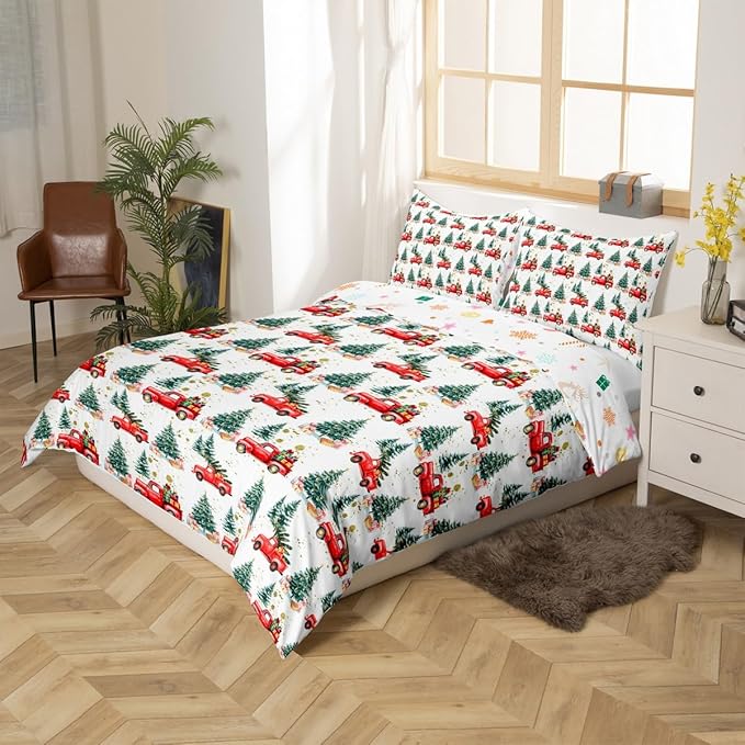 Feelyou Christmas Duvet Cover Boys Christmas Tree Bedding Set for Kids Teens Ultra Soft Cartoon Car Comforter Cover Set Watercolor Xmas Theme Bedspread Cover Room Decor King Size Bedclothes Zipper