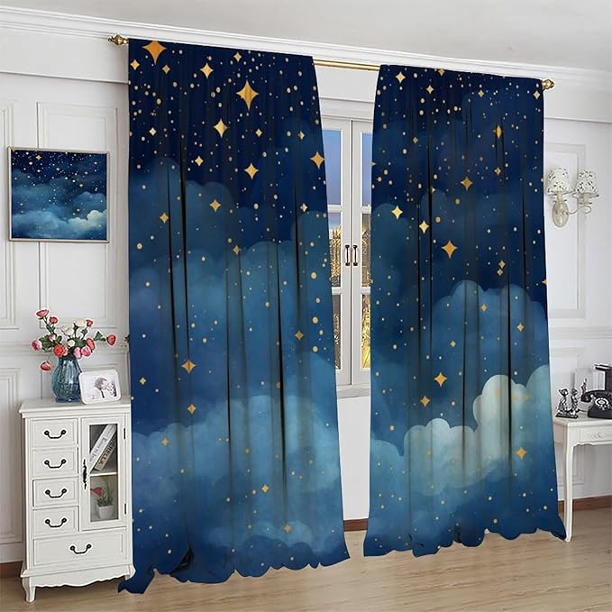 Night Sky Stars Curtain for Kids, Blue Starry Space Galaxy Pattern Window Treatments for Boys Girls Bedroom Toddlers Room Living Room 52" W X 84" L