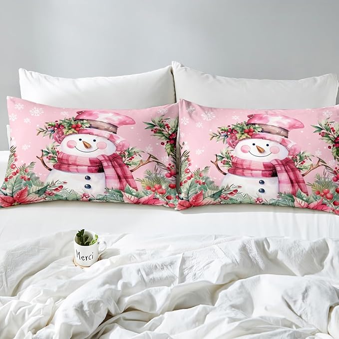 Manfei Xmas Snowman Duvet Cover Set Full Size, Leaves Flower Snowflake Comforter Cover with 2 Pillowcases, Christmas Pink Bedding Set 3pcs for Kids Boys Girls Lightweight Bedspread Cover,No Comforter