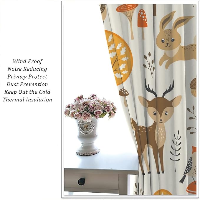Kids Forest Animal Curtains,Baby Bedroom Window Treatments, Cartoon Watercolor Forest Animal Lion Boys Girls Children Bedroom Drapes 55x63in