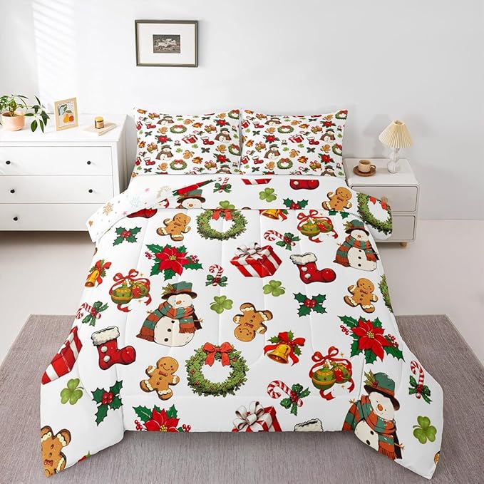 jejeloiu Merry Christmas Comforter Set King Size Cute Snowman Bedding Set for Kids Boys Girls Gingerbread Man Duvet Quilt White Bedroom Decor